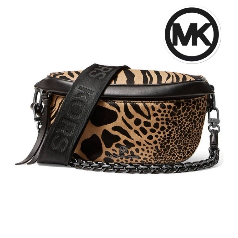 MICHAEL KORS Slater Sling Messenger Belt Bag Black Camel Leather NWT!